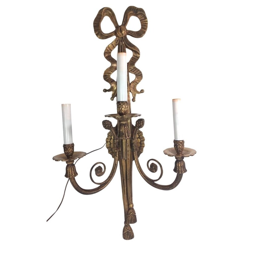 Vintage 27" Brass Spanish Revival 3-Arm Wall Sconce Candle Holders Made In Spain